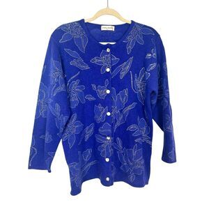 Lorette Abitbol Paris Cardigan Sweater Women Large Blue Floral Knit Pearl Button
